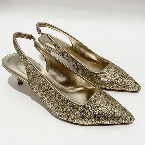 Lilly Pulitzer Shaina Slingback Gold Glitter Pump Pointed Toe Kitten Heel Shoe 8 - Picture 5 of 16